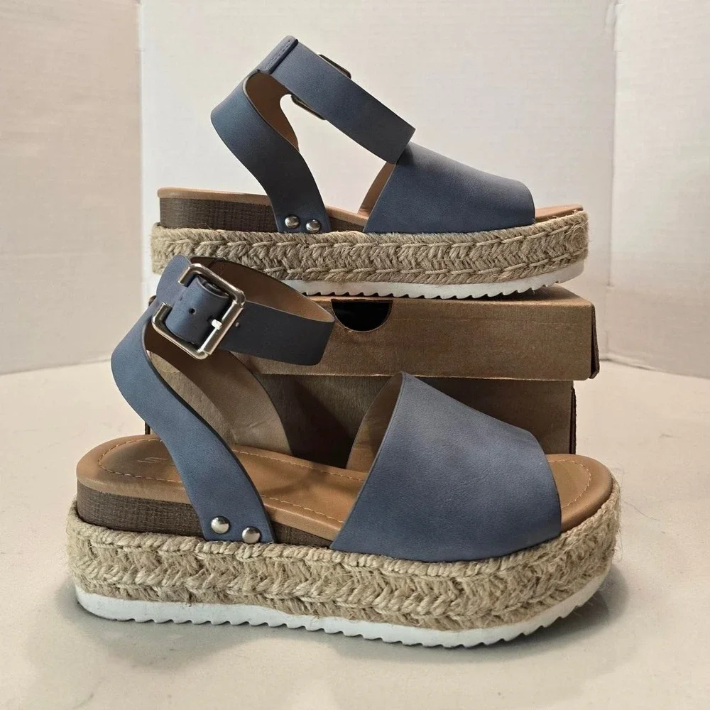Soda Women Wedge Sandals Open Toe Ankle Strap Flatform Espadrilles Blue - 6 US